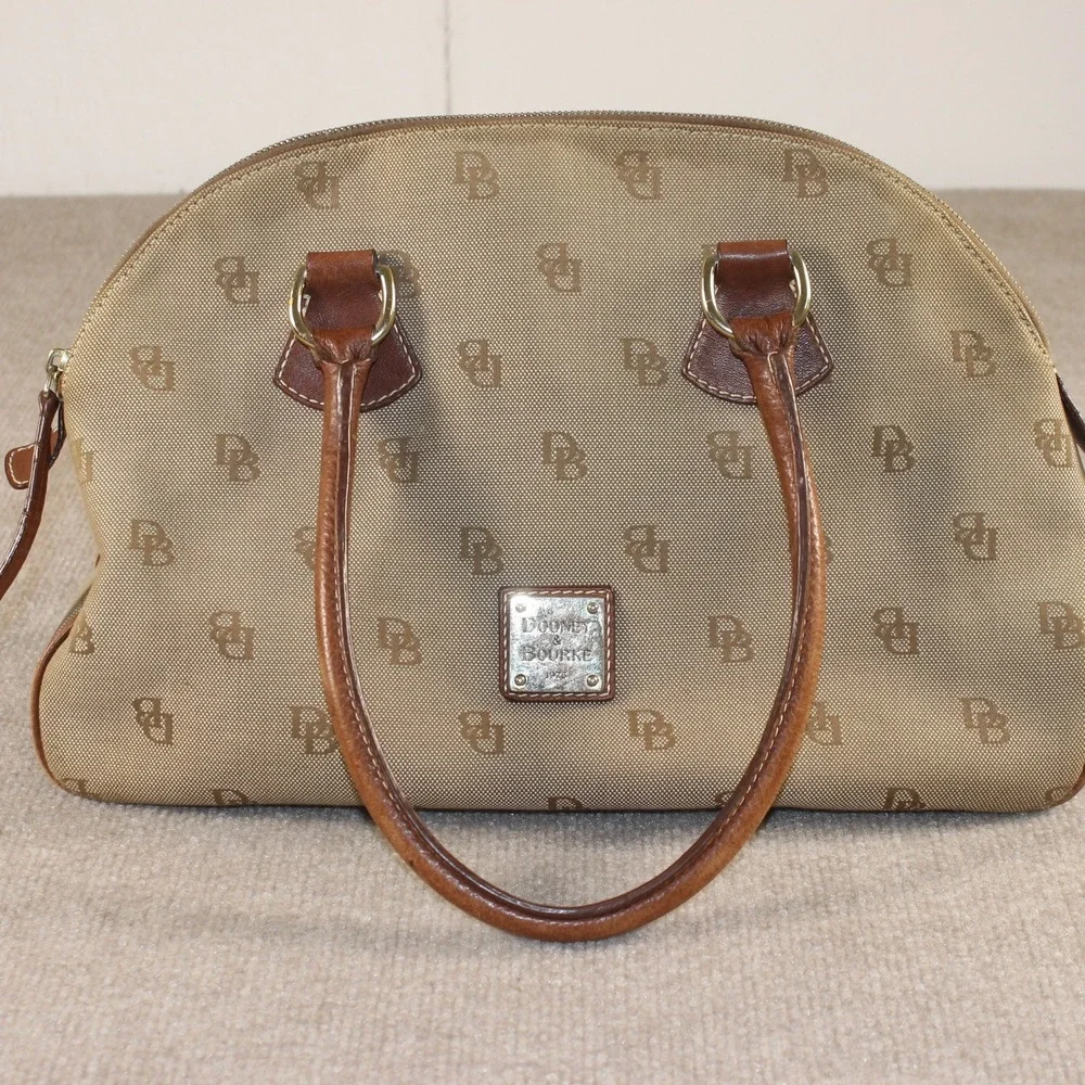 Dooney & Bourke Monogram Canvas Satchel Bag Tan Brown Leather Trim Dome Handbag